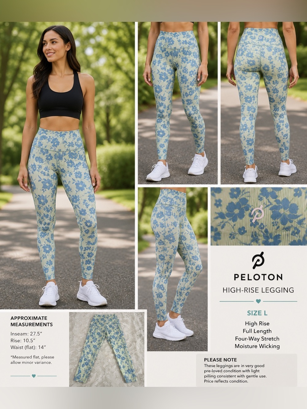 Peloton Floral High Rise Leggings Size L Blue Green Stripe Print Side Pockets